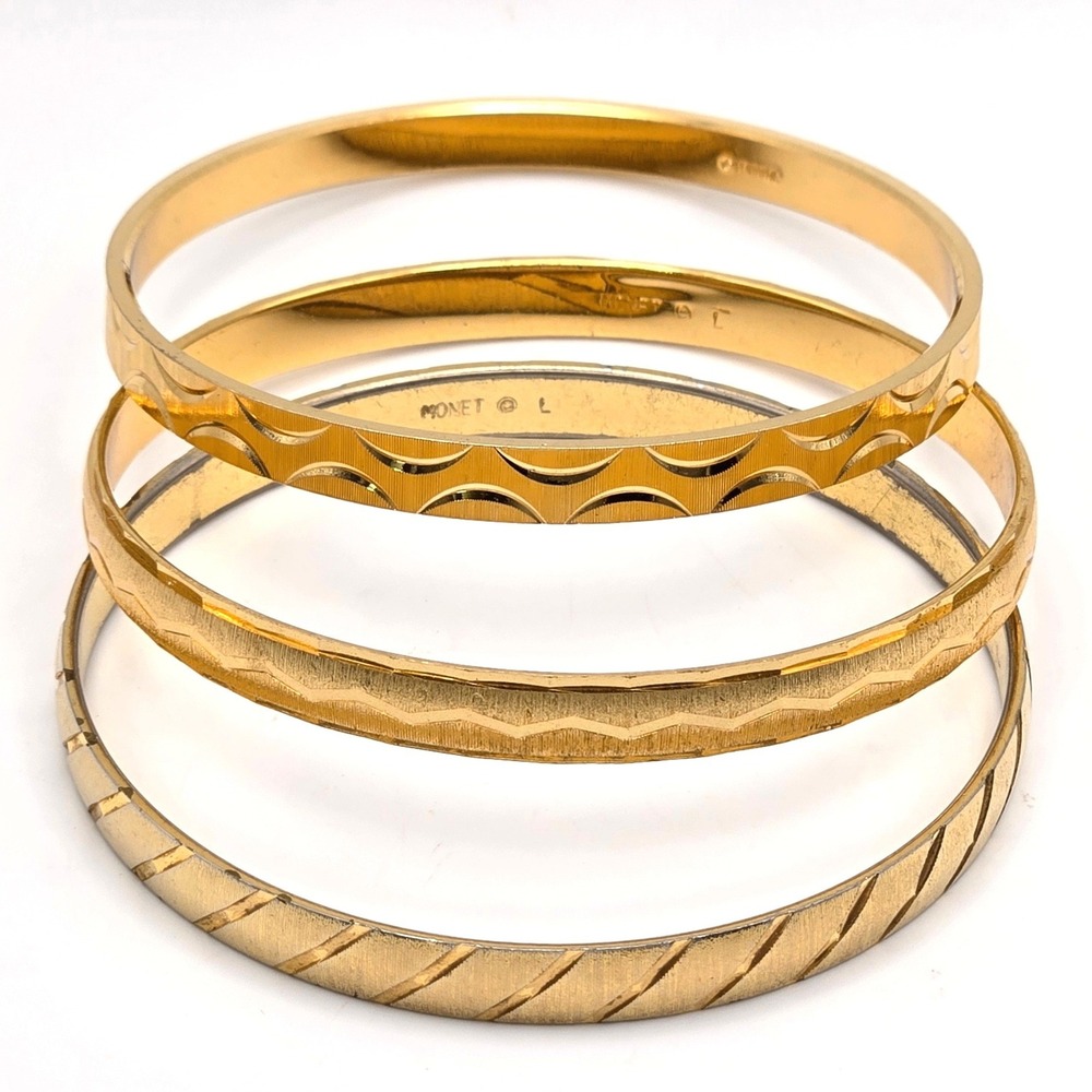 Vintage Monet & Vendome Gold Tone Etched Bangle Bracelet Set of 3 Size L